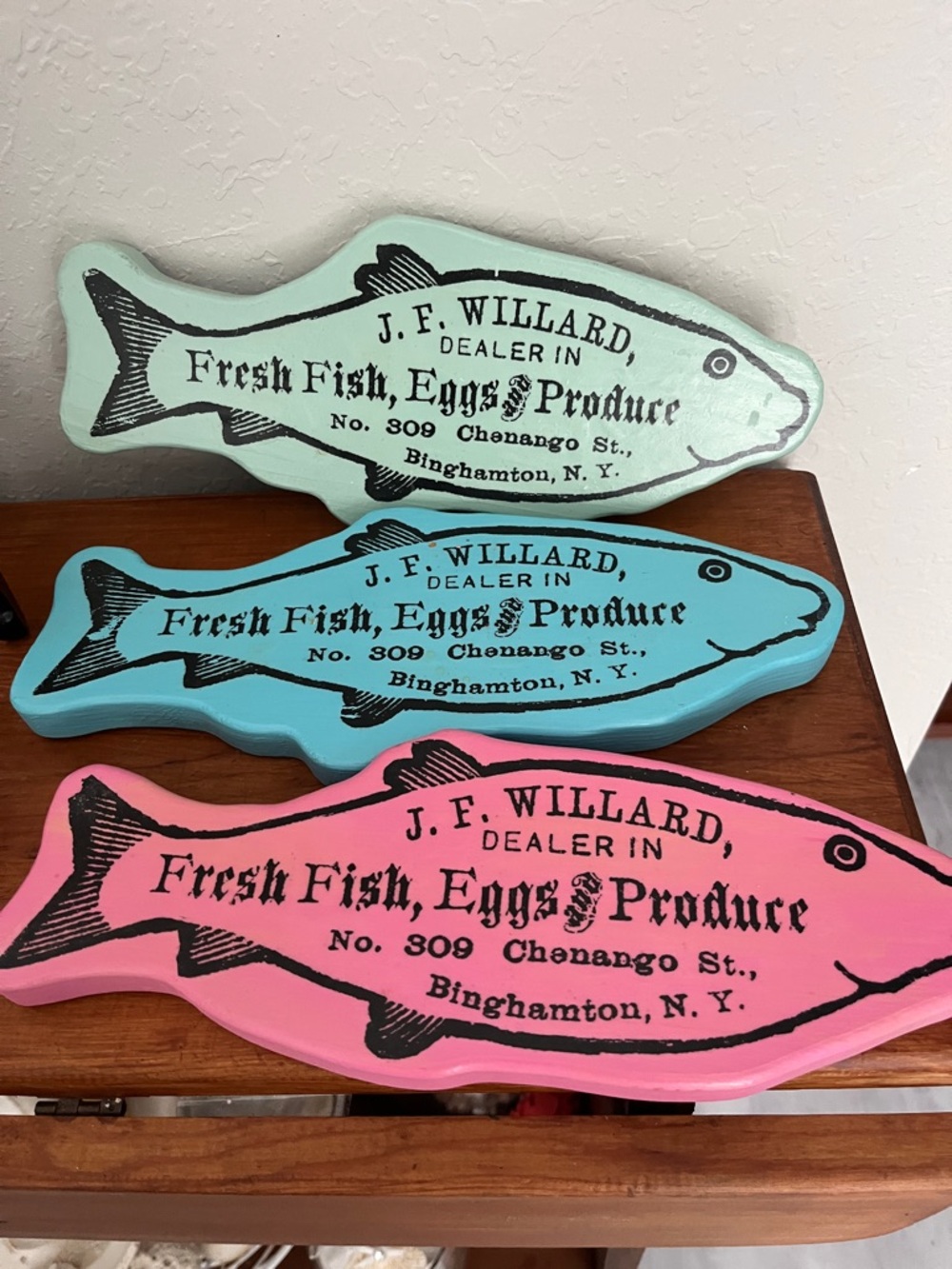 Vintage Wooden J.F.Willard Dealer in Fish Wall Décor - Choose Pink or Blue